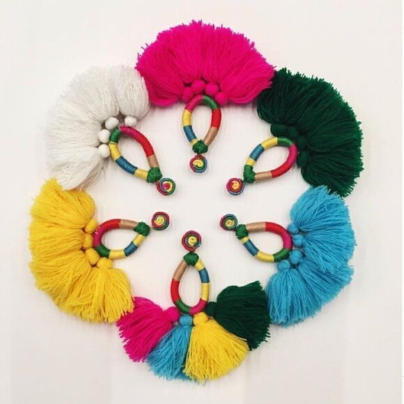 NWT Mochi Hallu Statement Tassel Woven Yellow Boho Fringe Crochet Big Earrings - Picture 11 of 14